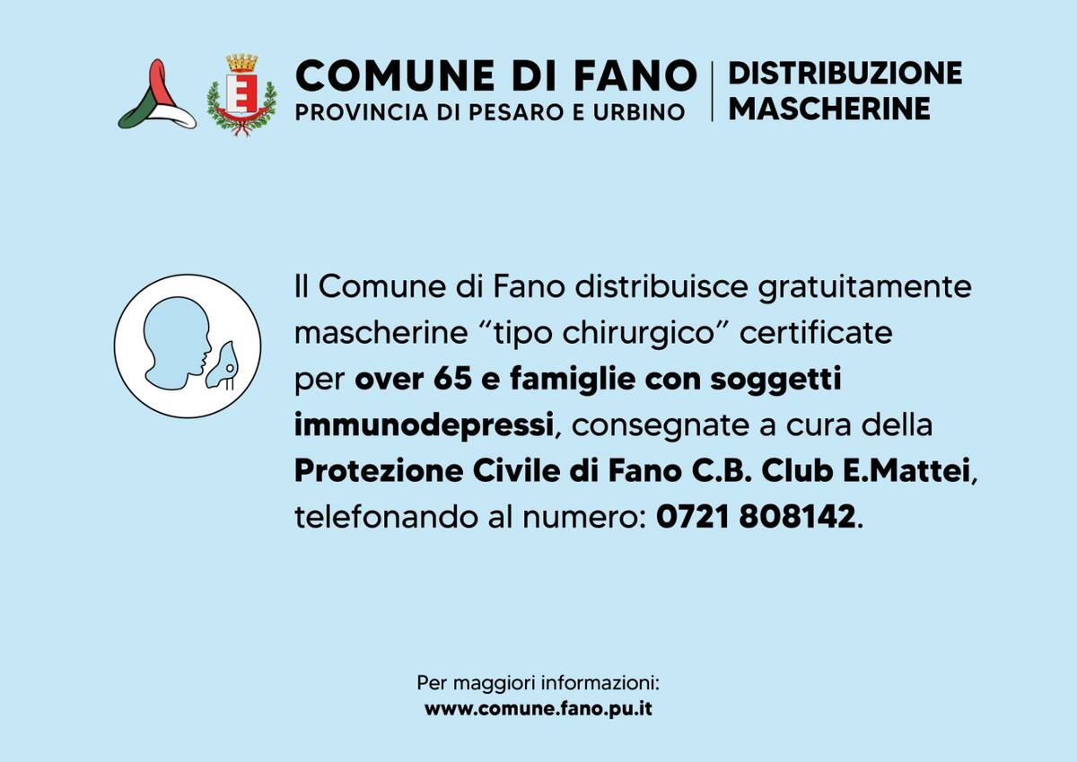 Comune di Fano: Mascherine gratuite per over 65 e per famiglie con soggetti immunodepressi