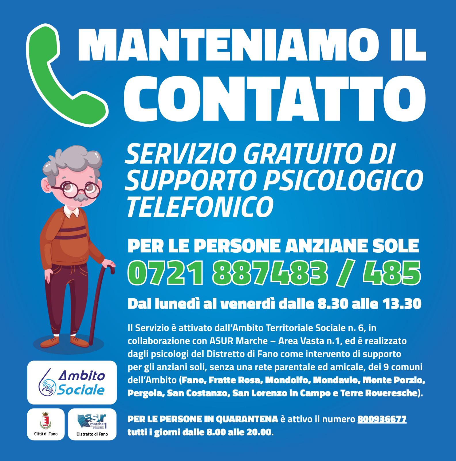 ATS6 Fano: Manteniamo il contatto. Servizio gratuito di supporto psicologico telefonico per anziani soli
