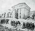 Porta Maggiore durante lassalto avvenuto il 12 settembre del 1860 in un disegno del prof. Giorgio Spinaci.