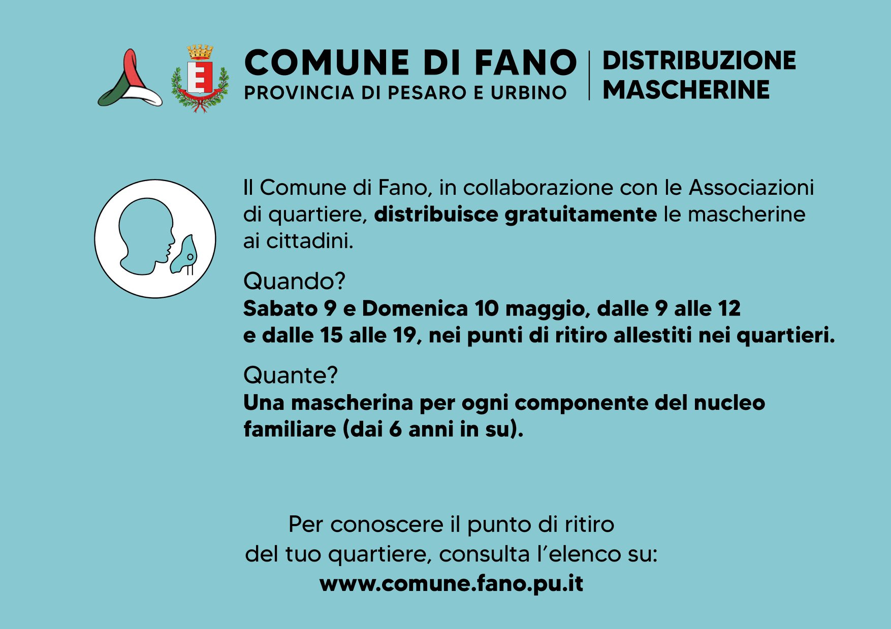Comune di Fano: Sabato 9 e domenica 10 Maggio 2020 distribuzione gratuita di macherina in 22 punti allestiti nella città